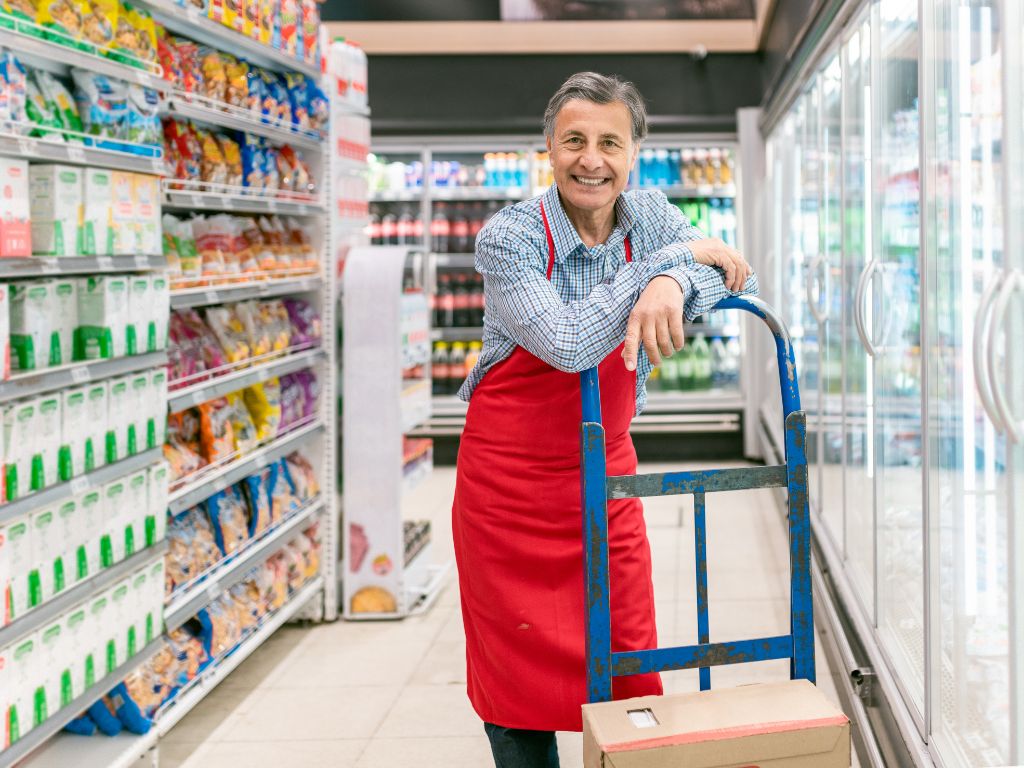 Senior man works at a grocery store part-time in retirement.
