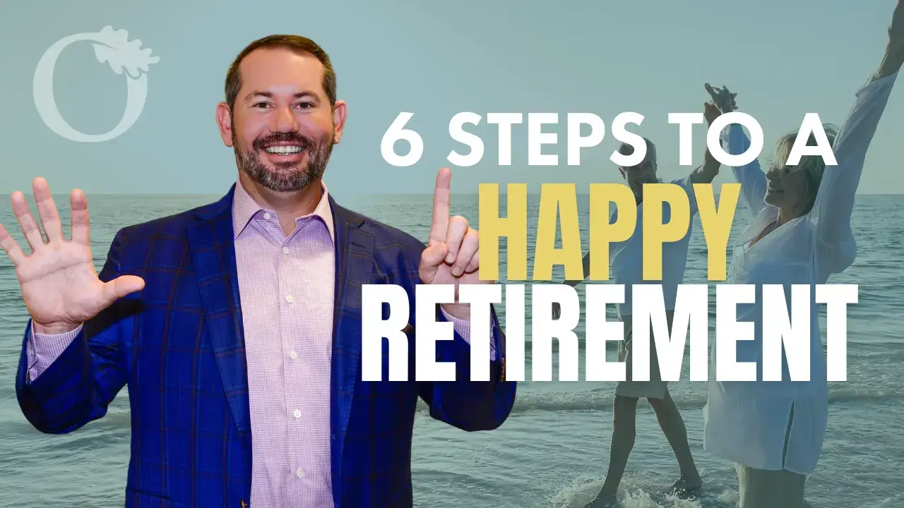 Image of retired couple walking on the beach looking happy, with text ^ Steps to a Happy Retirement. Image of Troy Sharpe holding up six fingers.