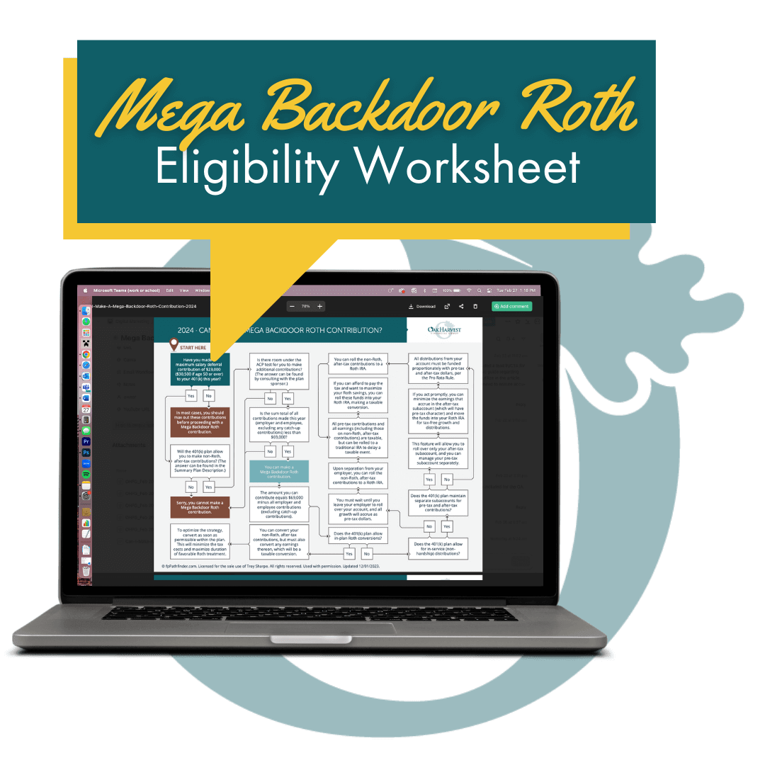 Computer with the Mega Backdoor Roth Eligibility Worksheet on the screen, and the title Mega Backdoor Roth Eligibility Worksheet