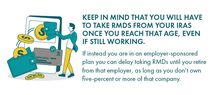 Keep in mind that you will have to take RMDs from your IRAs once you reach that age, even if still working.