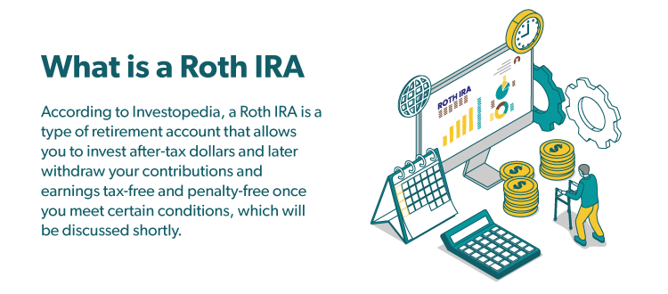 According to Investopedia, a Roth IRA is a type of retirement account that allows you to i nvest after-tax dollars and later withdraw your contributions and earnings tax-free and penalty-free once you meet certain conditions.