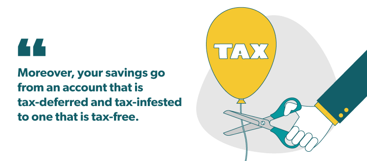 Moreover, your savings go from an account that is tax-deferred and tax-infested to the one that is tax=free.