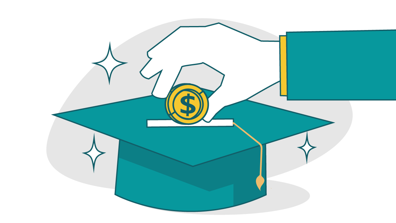 Graphic of a person putting a coin inside of a graduation hat piggy bank