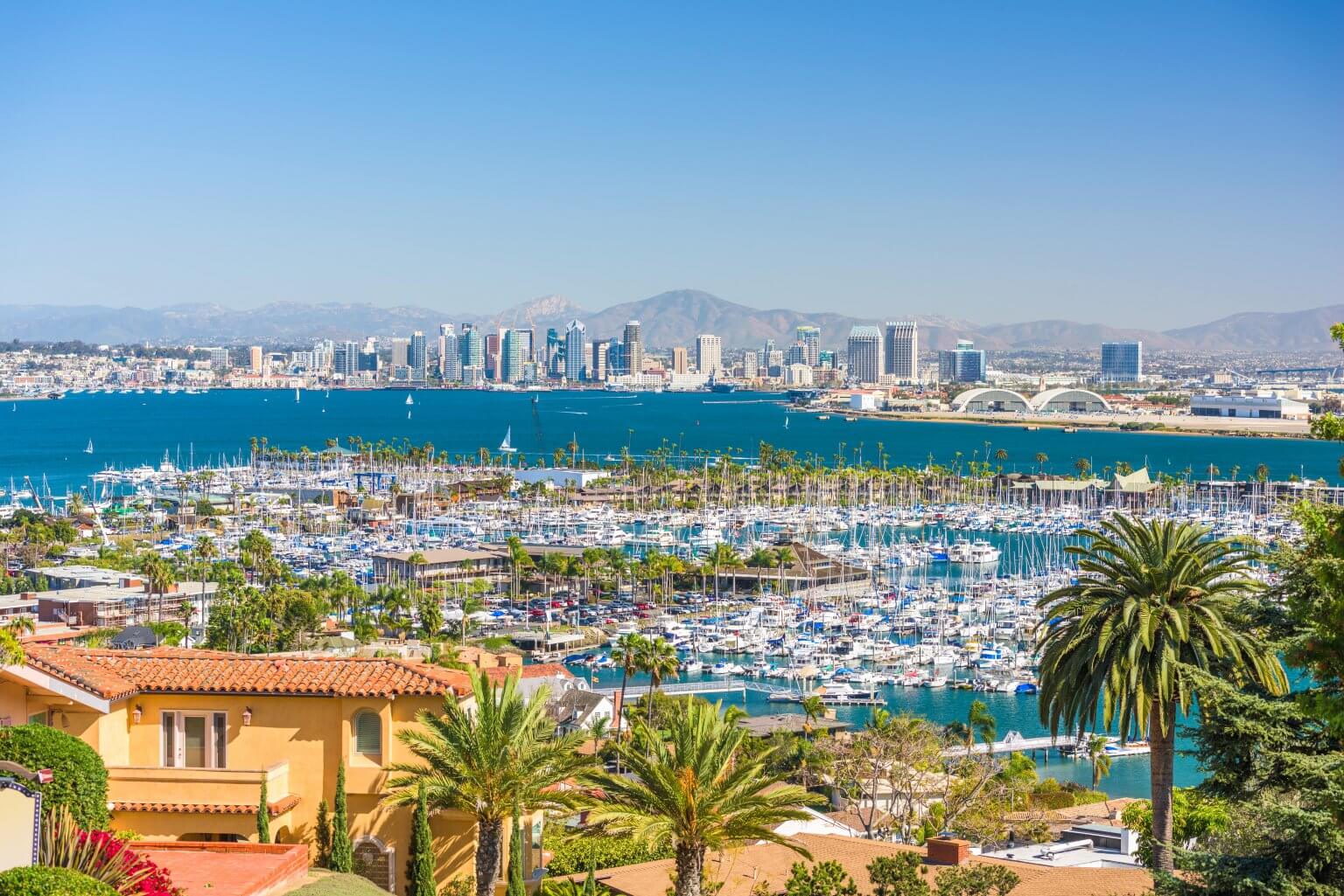 San Diego, California, USA cityscape over the bay.