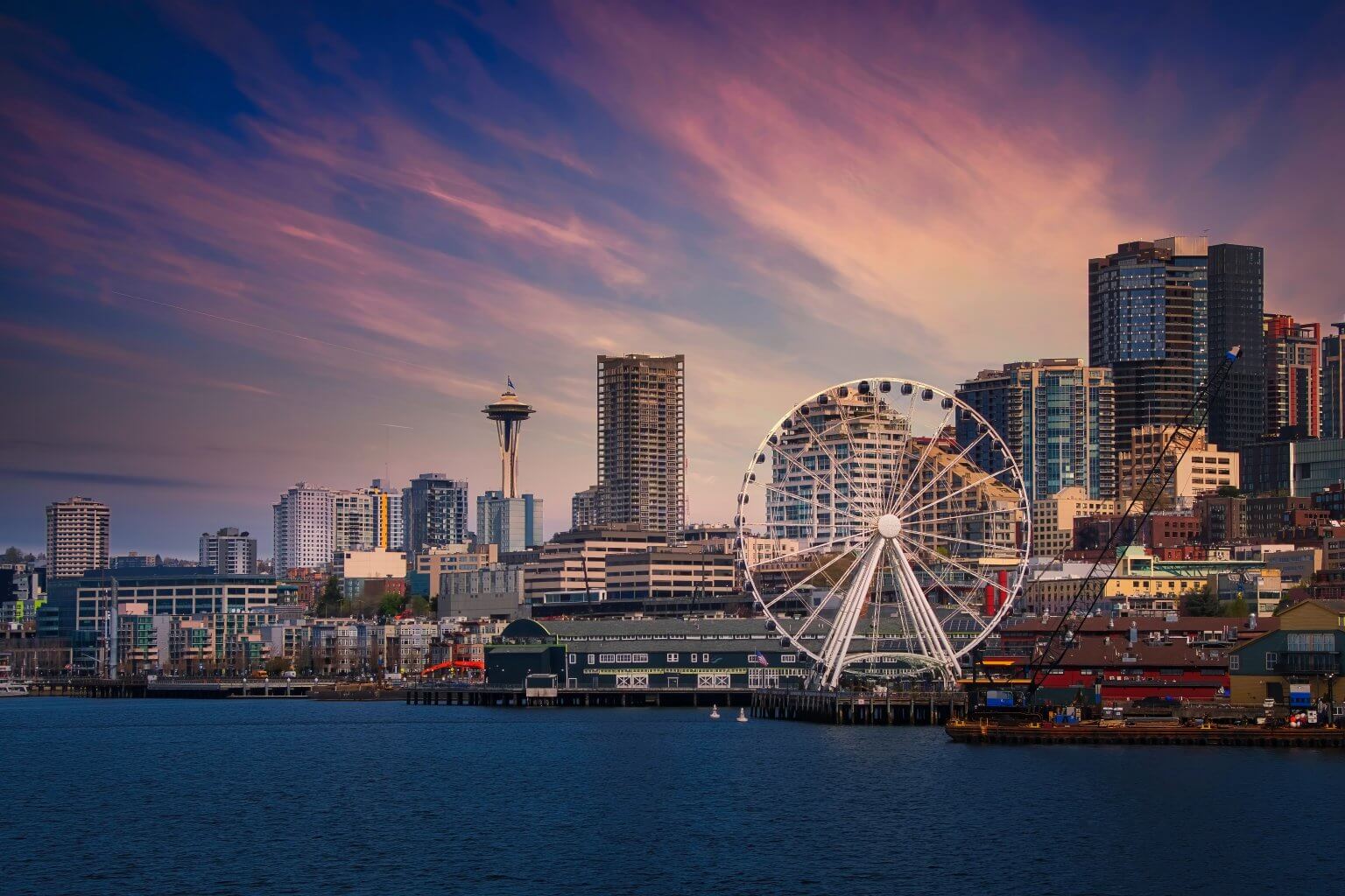 A scenic view of the Downtown Seattle skyline and the great wheel in Washington