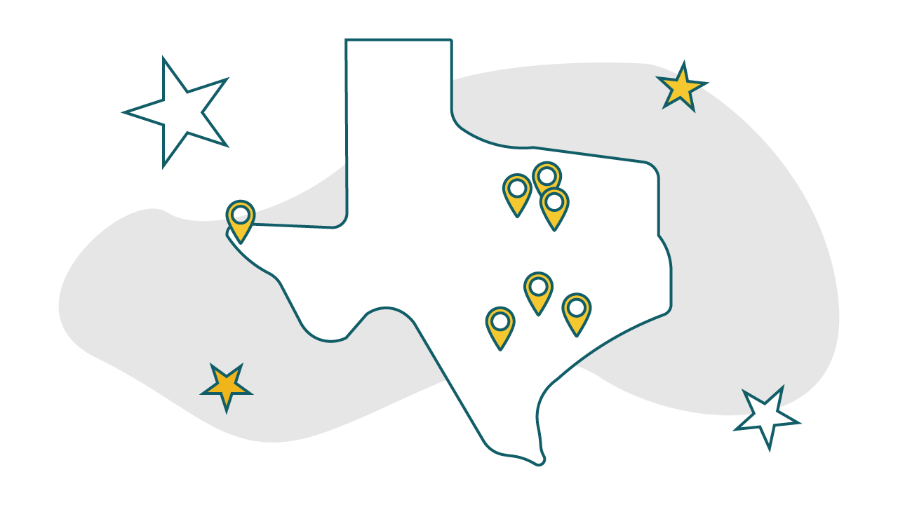 Image of Texas with markers on the largest cities