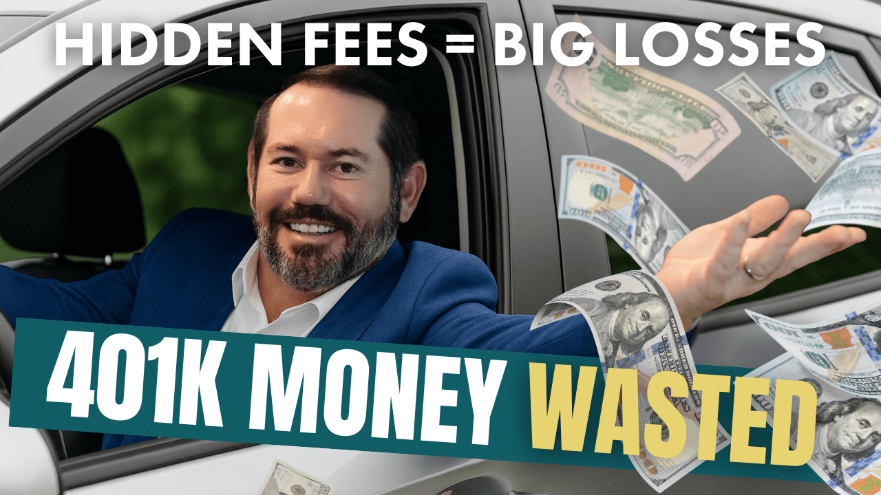 Hidden Fees = Big Losses. 401(k) Money Wasted. Troy Sharpe is sitting inside a car throwing money out the window.