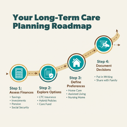 A four-step roadmap graphic in Oak Harvest brand colors. Step 1: Assess Finances. Step 2: Explore Options. Step 3: Define Preferences. Step 4: Document Decisions. Designed as a simple vertical flow with bold, circular markers.