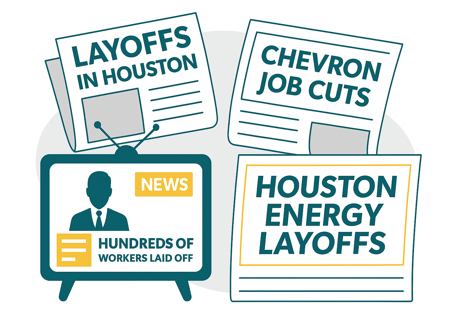 Graphic of TV and newspapers with headlines, "Layoffs in Houston"