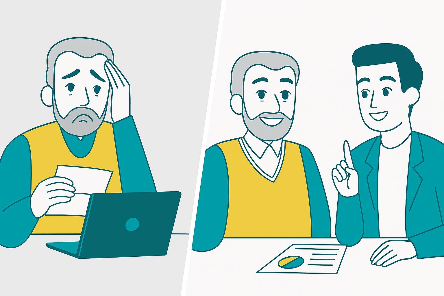 Illustration of a retiree stressing out looking at his computer, and another illustration of that same retiree feeling better now that he's working with a professional
