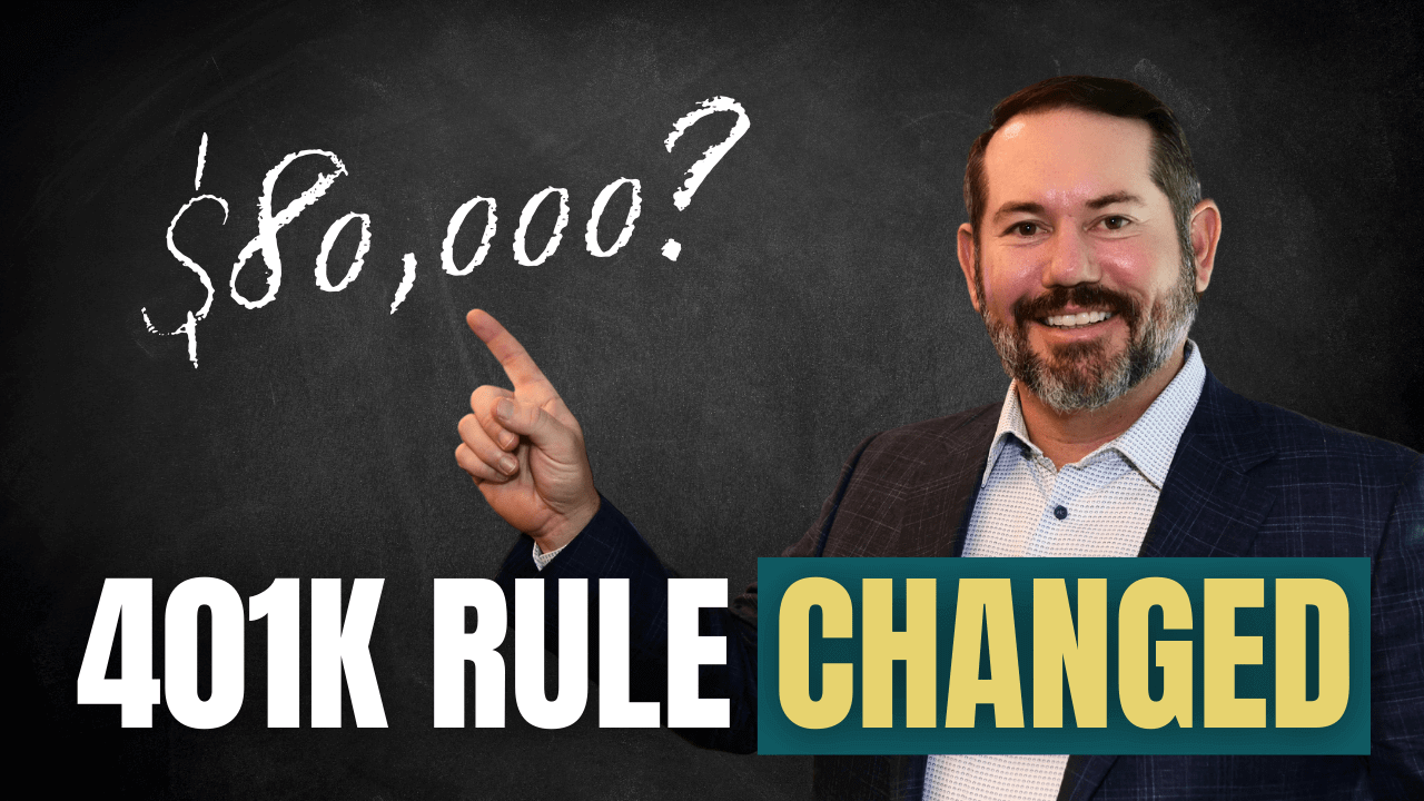 401K Rule Changed with "$80,000?" written on the chalk board and Troy Sharpe pointing to it