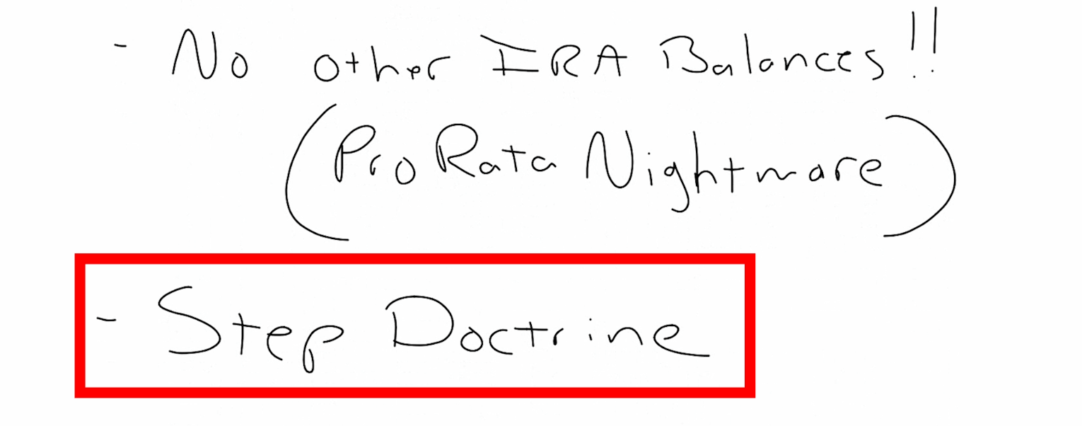 Whiteboard titled “Back Door Roth” showing a contribution going into an IRA with notes stating no deduction, file Form 8606, no other IRA balances, and a highlighted warning referencing the step doctrine.