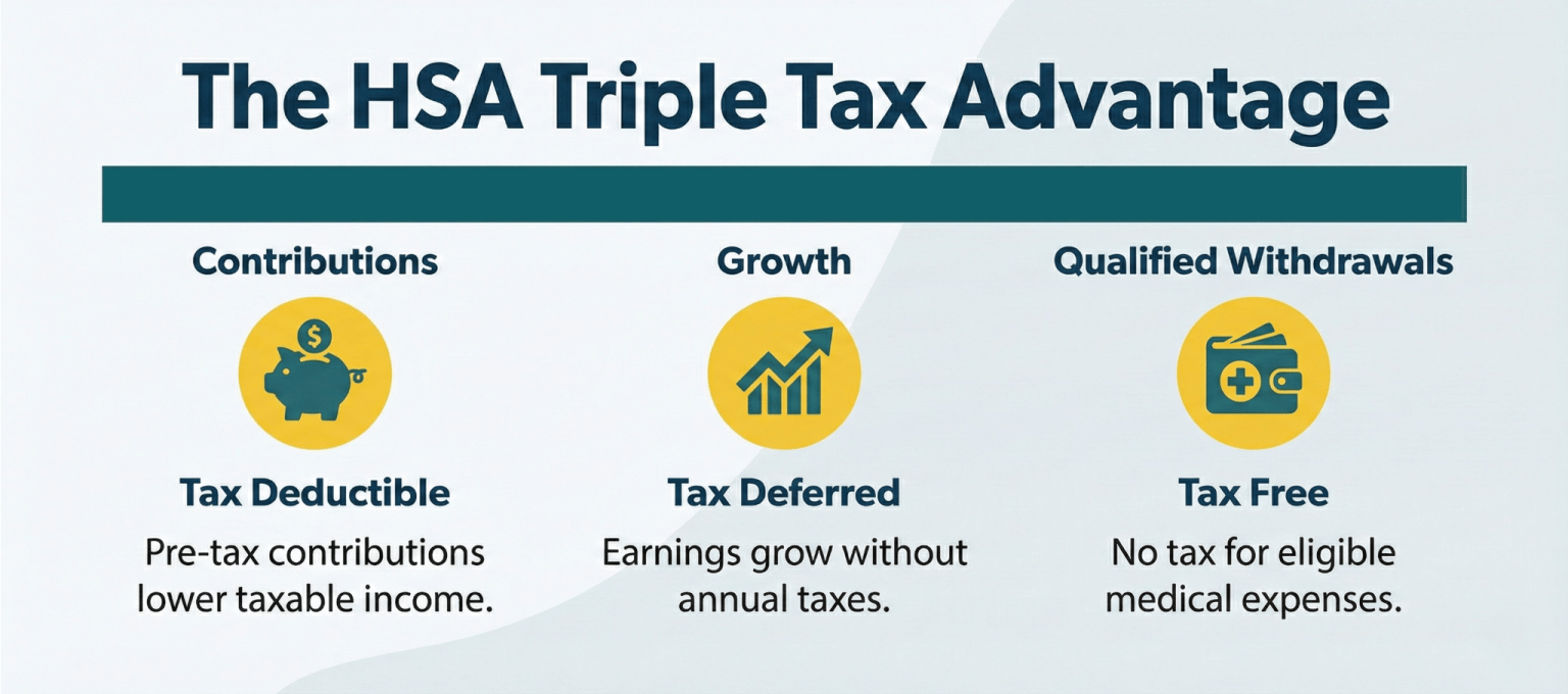 Diagram showing the triple tax advantage of Health Savings Accounts, including tax deductible contributions, tax deferred growth, and tax free withdrawals for qualified medical expenses.