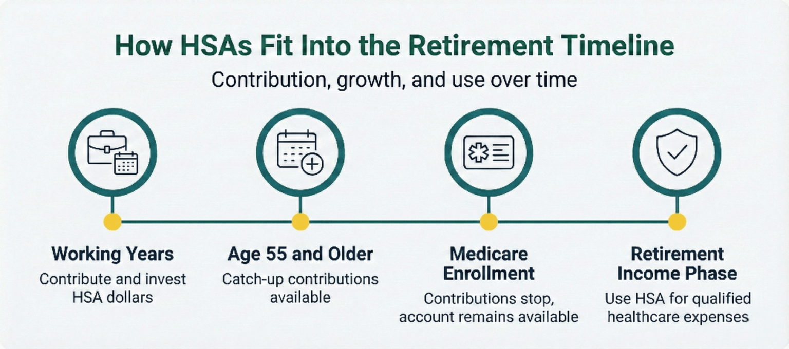 Timeline graphic showing how Health Savings Accounts may be used over time, from contribution years through Medicare enrollment and into retirement healthcare spending.