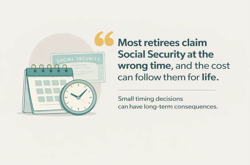 Horizontal timeline showing Social Security claiming ages. Age 62 labeled reduced benefit for life, full retirement age labeled standard benefit, and age 70 labeled highest monthly benefit, with simple icons above each age.