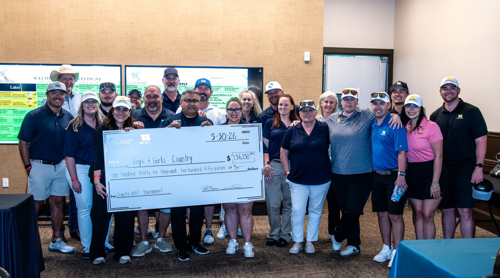 Representatives from Oak Harvest Financial Group and Tube Supply present a record-breaking donation check of $136,250 to Boys & Girls Country, following the successful, sold-out 3rd Annual Charity Golf Tournament held Monday, March 30, 2026, at Wildcat Golf Club in Houston.